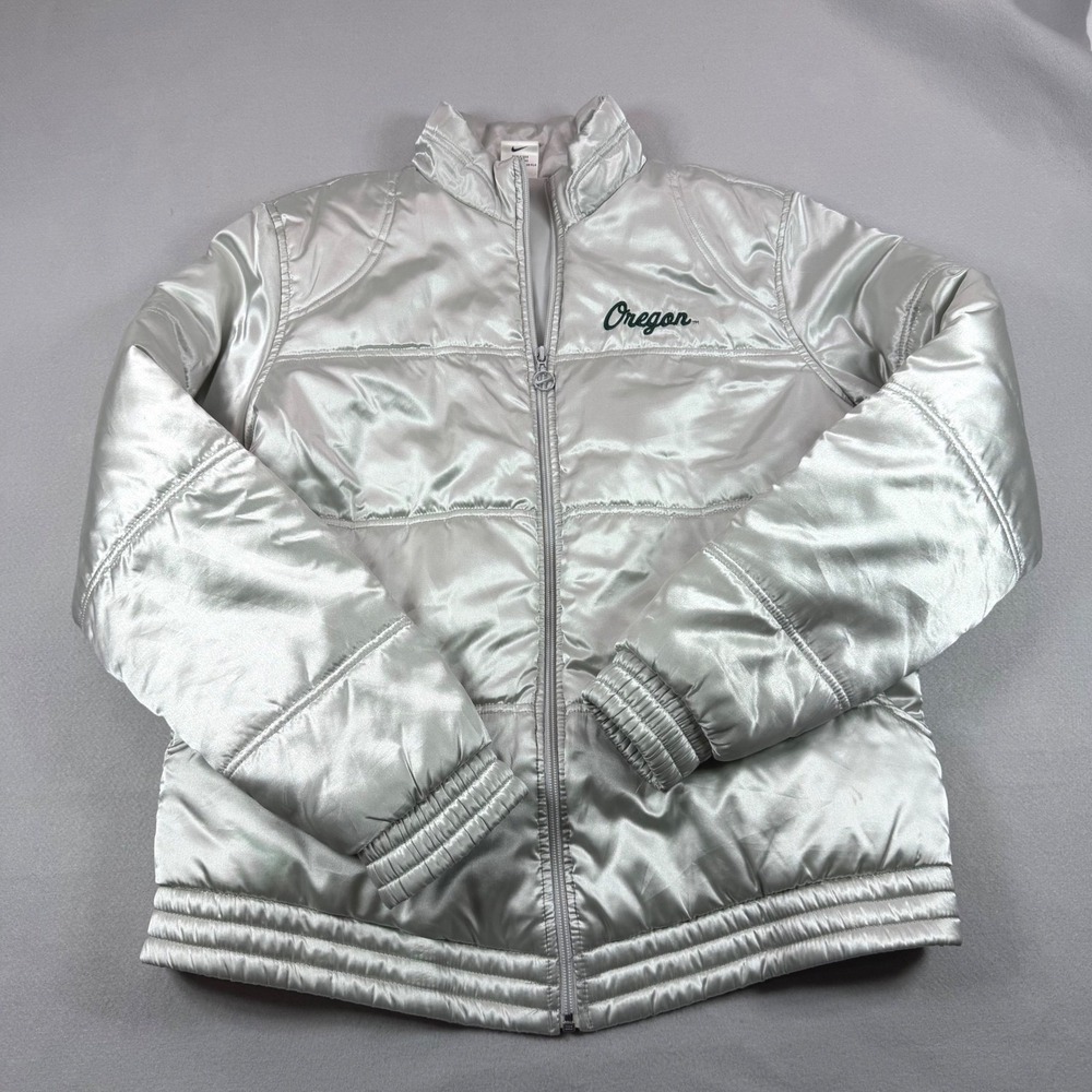 Vintage Nike Team Oregon Ducks Puffer Jacket Metallic Silver Girls XL 16-18 Y2K